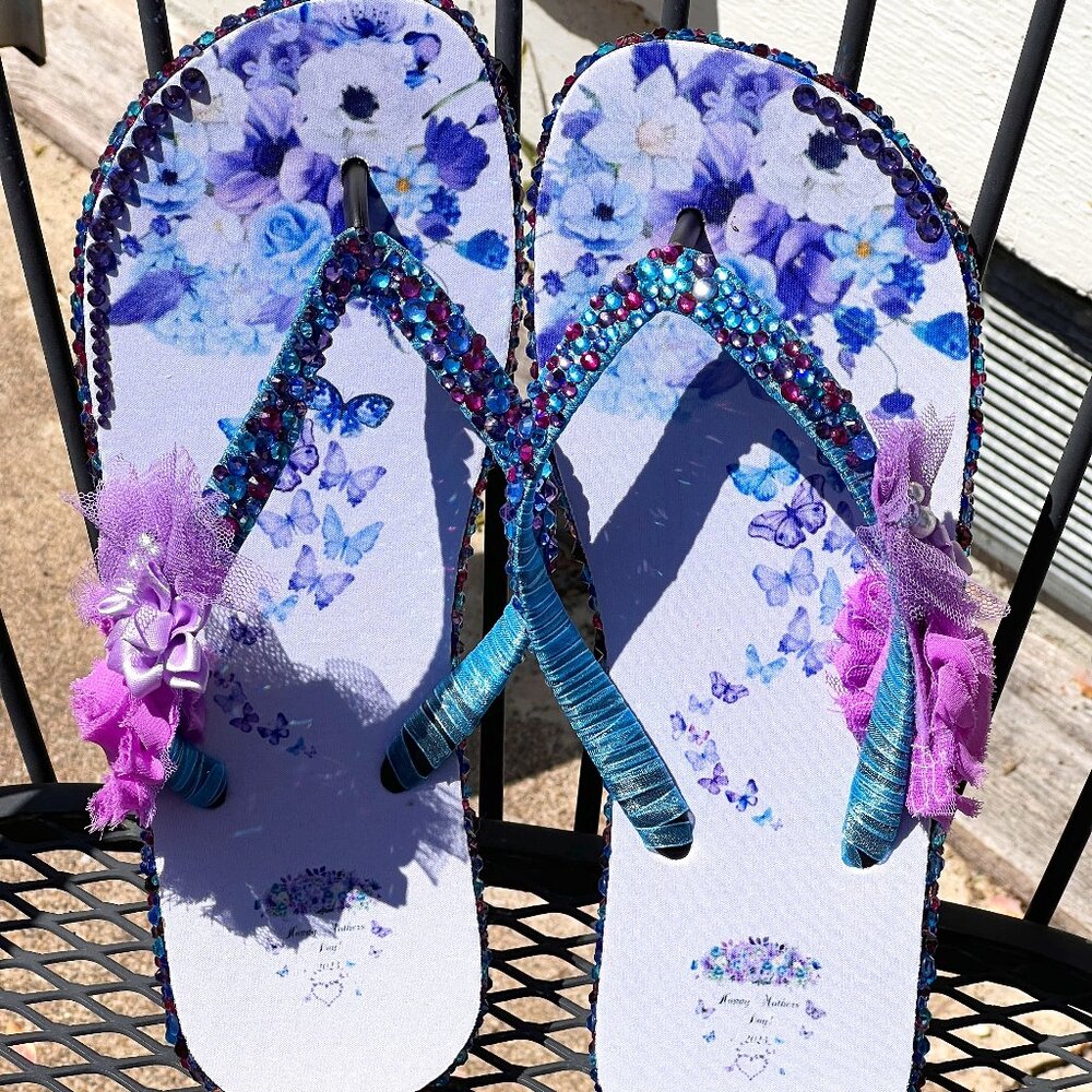 Flip Flops, M Gift, Rhinestones, Purple/Blue Handmade Sandals, Purple